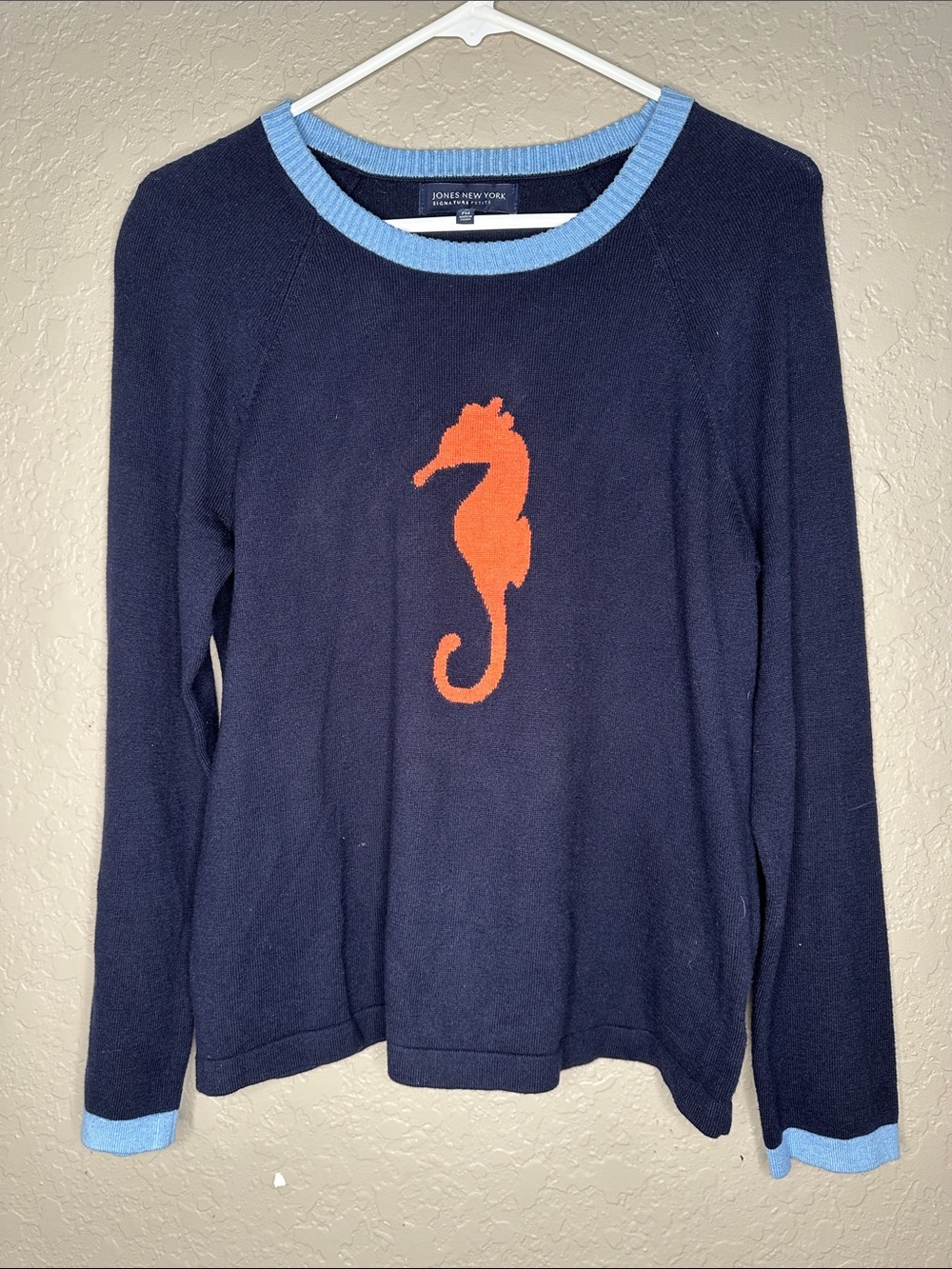 Jones New York Navy Sweater with Orange Seahorse and Light Blue Trim